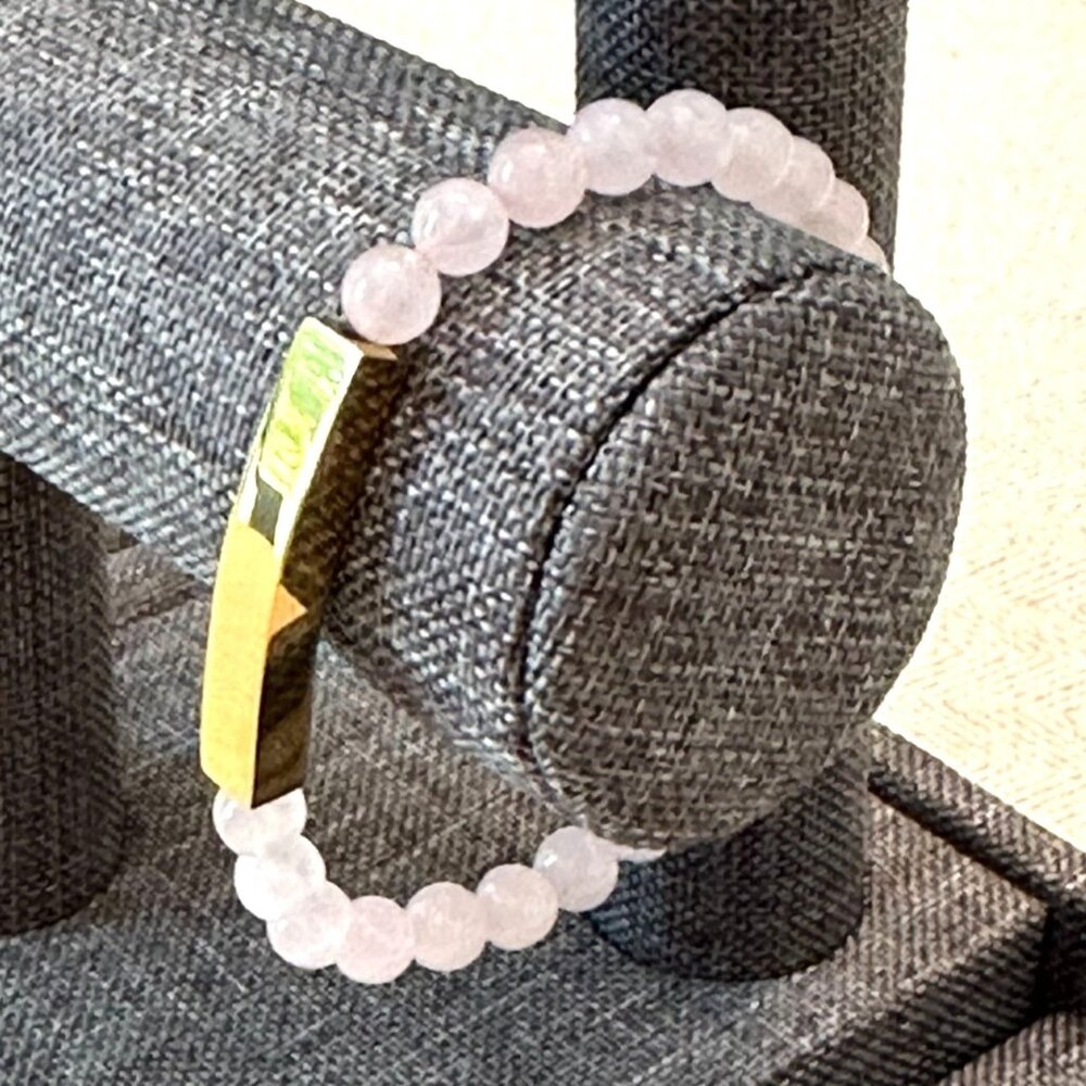 Rose Quartz Beaded Bracelet With 18K Gold Over Stainless Steel Engravable Bar - Picture 4 of 4